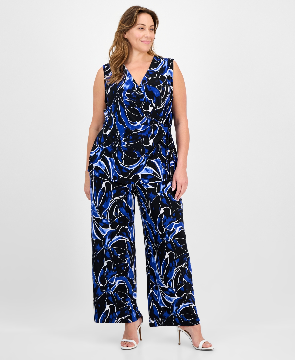 Anne Klein Floral Sleeveless Knit Wrap Top In Multi