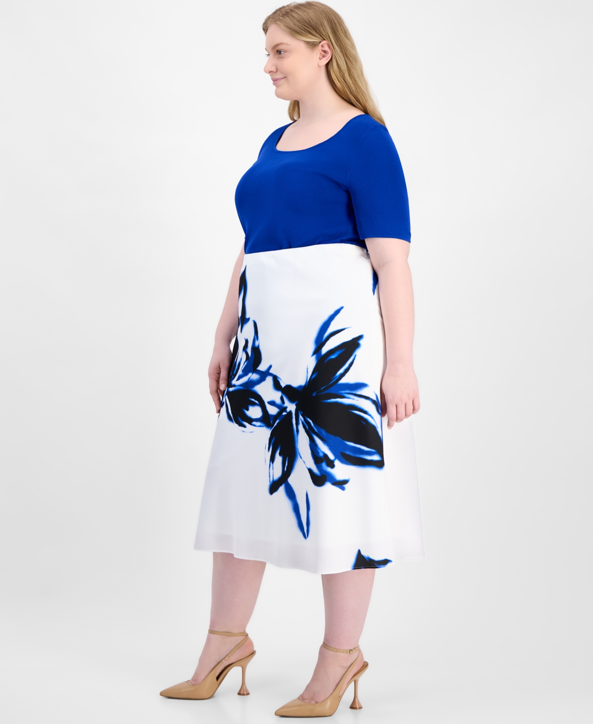 Anne Klein Plus Size Flared Printed Skirt In Bright White Multi