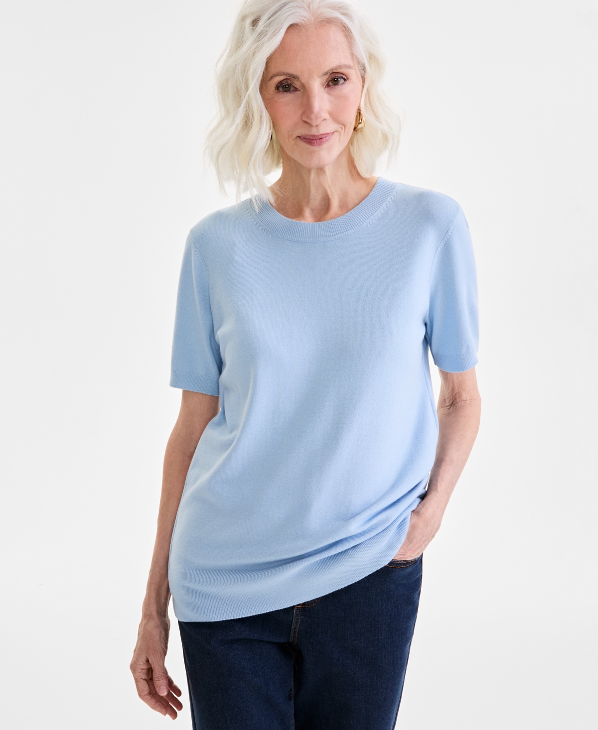Style & Co Women's Crew-neck Short-sleeve Sweater, Exclusively At Macy's In Dream Blue