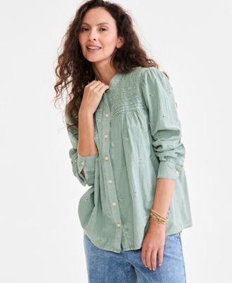 Style & Co - Women's Washed Embroidered Cotton Button-Front Top
