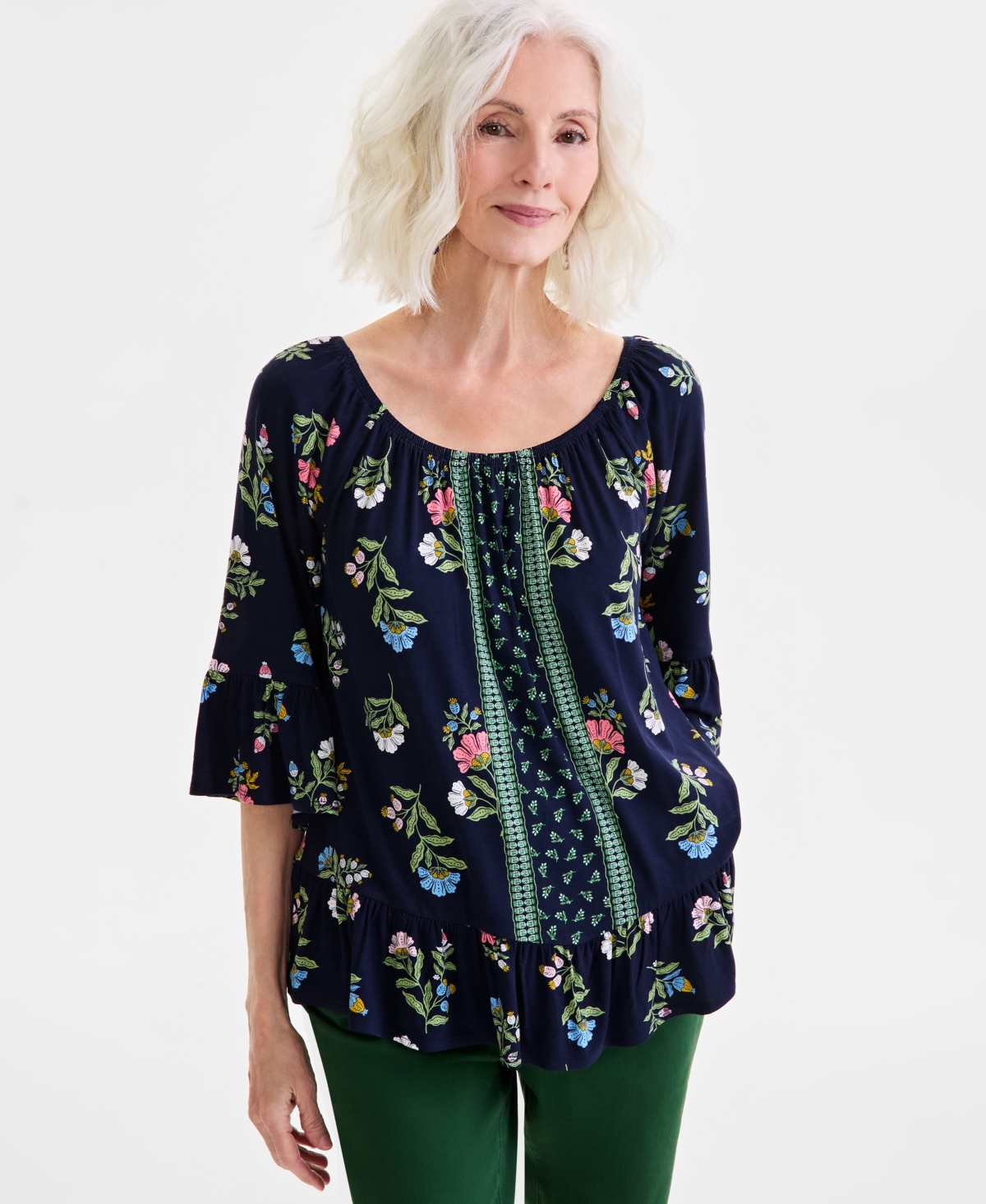 Style & Co Petite Printed On/off-the-shoulder Top, Exclusively At Macy's In Blue