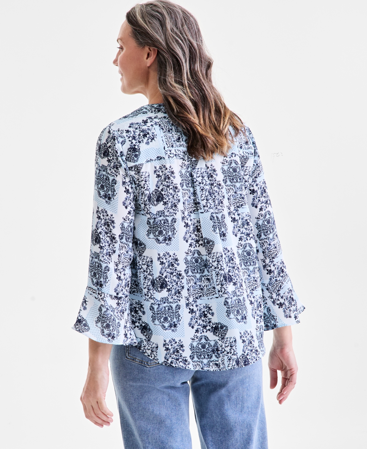 Style & Co Women's Printed Pintuck Ruffle Sleeve Top, Exclusively At Macy's In Tonal Dress