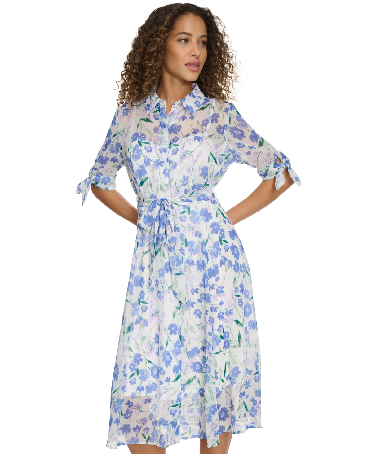 Shop Calvin Klein Women's Floral-print Button-front Chiffon Dress In Cream Multi