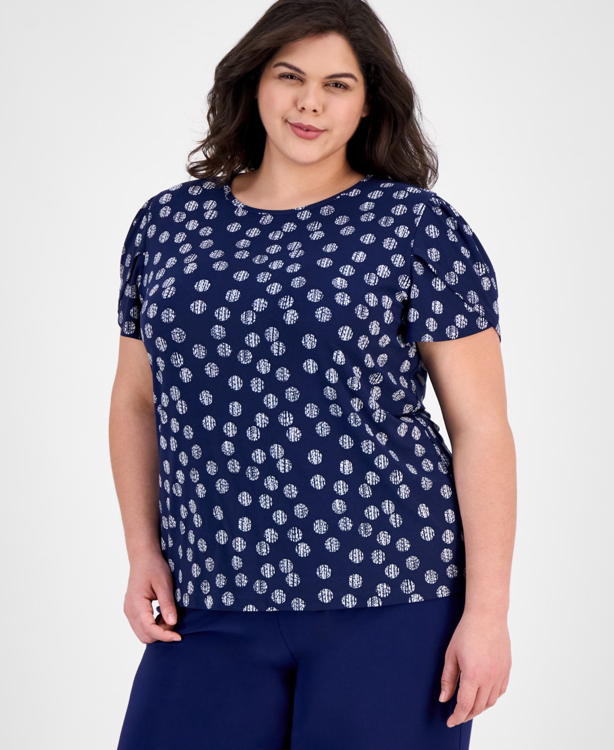 AK ANNE KLEIN PLUS SIZE PRINTED TULIP-SLEEVE TOP 
