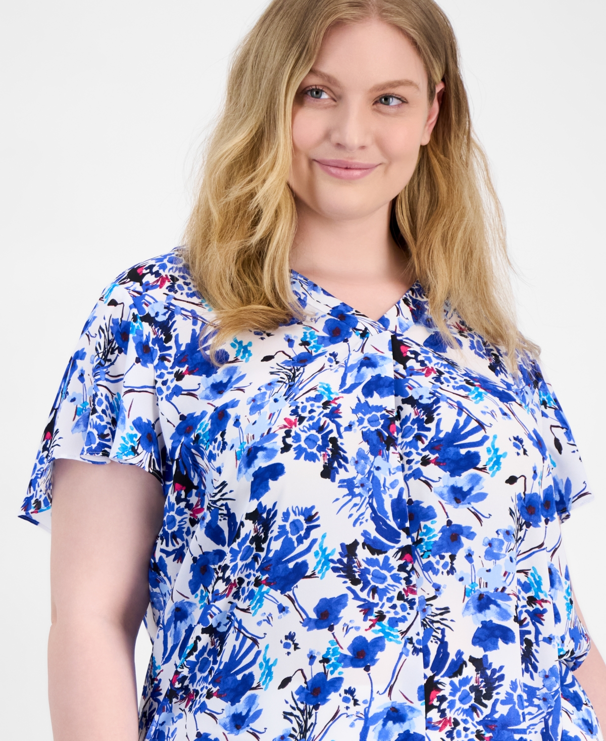Ak Anne Klein Plus Size Printed Flutter-sleeve Top In Bright White Multi