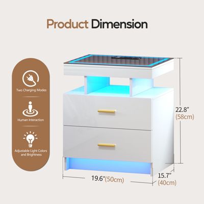 1 PC Wood Smart LED Nightstand with Charging, Auto Sensor & 2 Drawers -  Nightstand