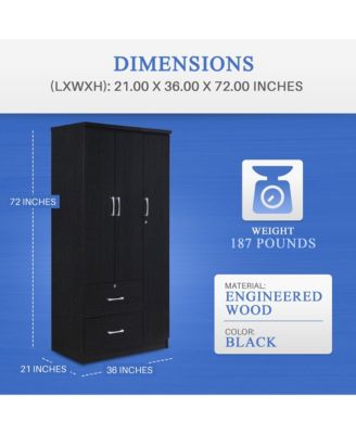 Import 3 Door Armoire with Clothing Rod, Shelves, and 2 Drawers, Black