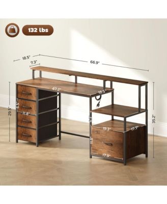 67" Computer Desk Home Office Desk with File Cabinet Lights