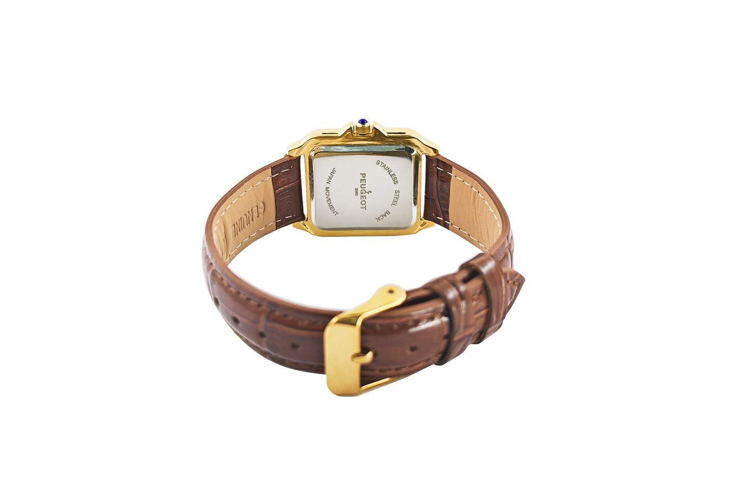 Женские часы Peugeot 14K Gold-Plated 32mm Tank Shape Brown Leather Strap Watch, цвет: Коричневый — фото 2