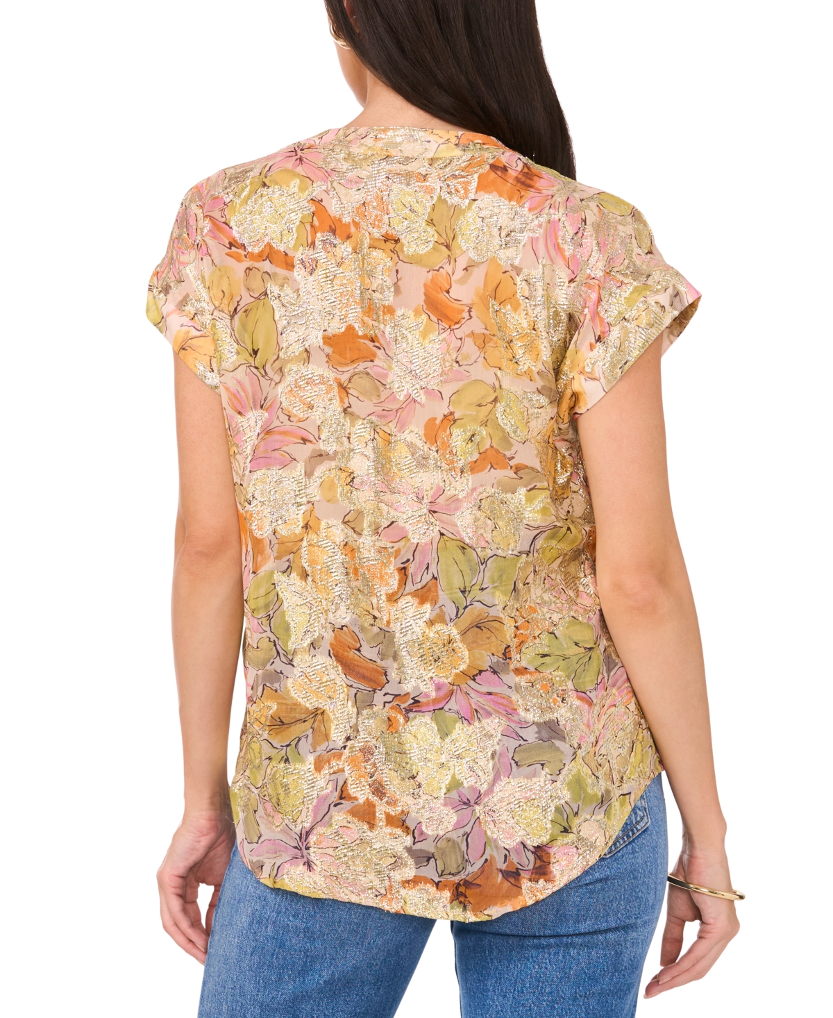 VINCE CAMUTO WOMEN'S FLORAL METALLIC SPLIT-NECK CAP-SLEEVE TOP 