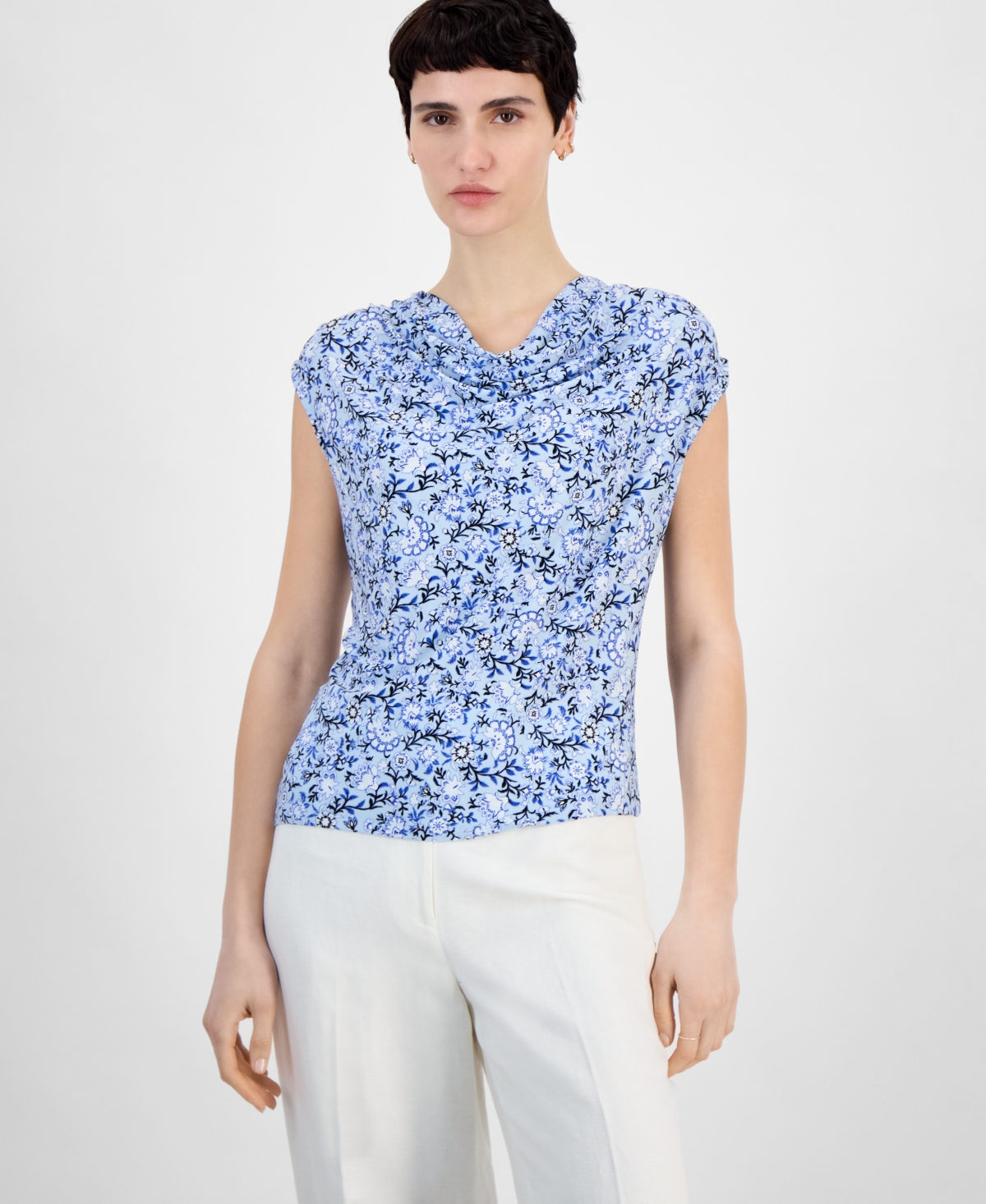 Anne Klein Women's Printed Cowl Neck Cap-sleeve Top In Opal Blue Mutli