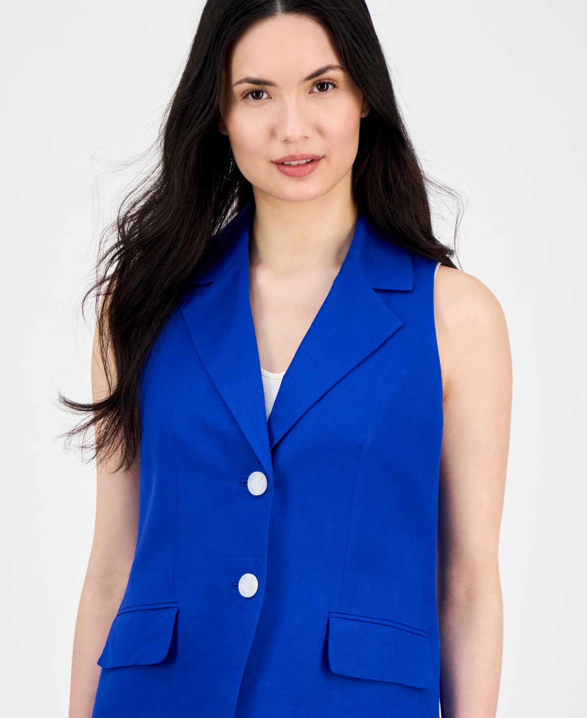 Anne Klein Womens Sleeveless Notched Collar Blazer High Rise Side Tab Pull On Pants In Santorini Blue