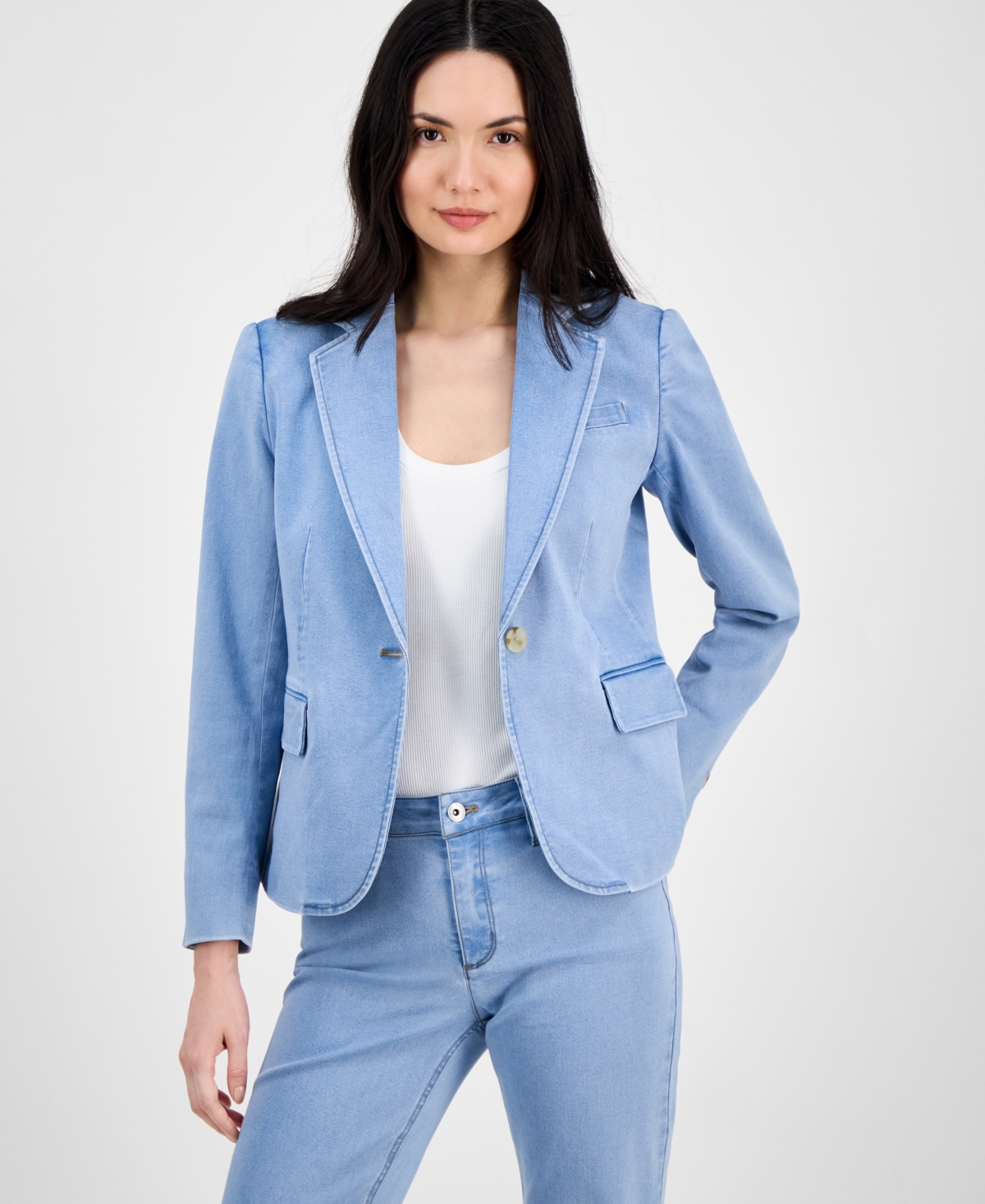 Shop Anne Klein Women's Denim Notched Collar One-button Blazer In Huntington Wash