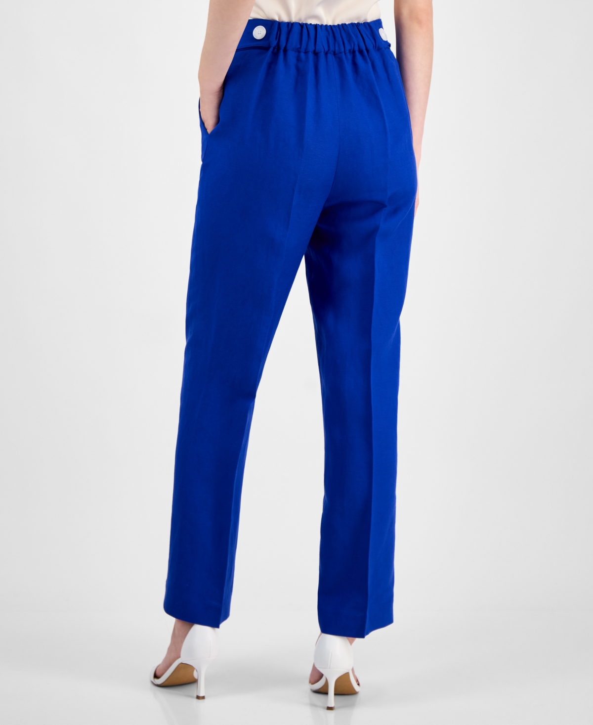 Shop Anne Klein Women's Linen Blend High Rise Side-tab Pull-on Pants In Santorini Blue