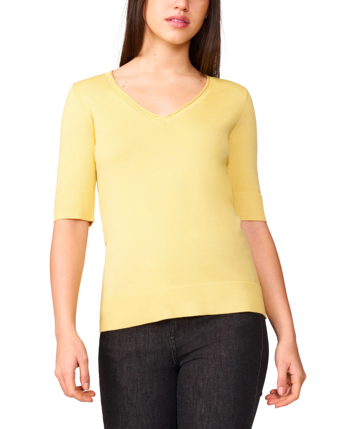 Melissa Paige Petite Rolled V-neck Elbow-sleeve Sweater In Yellow