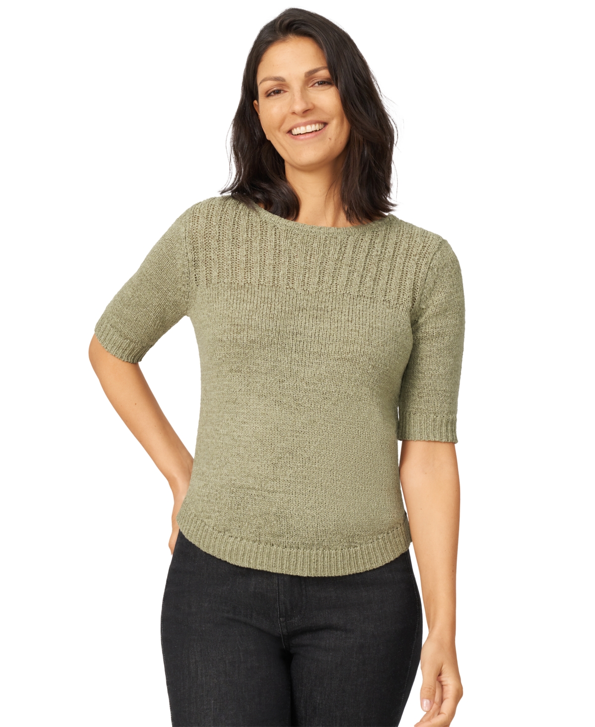 Melissa Paige Petite Elbow-sleeve Ribbed-yoke Sweater In Tea
