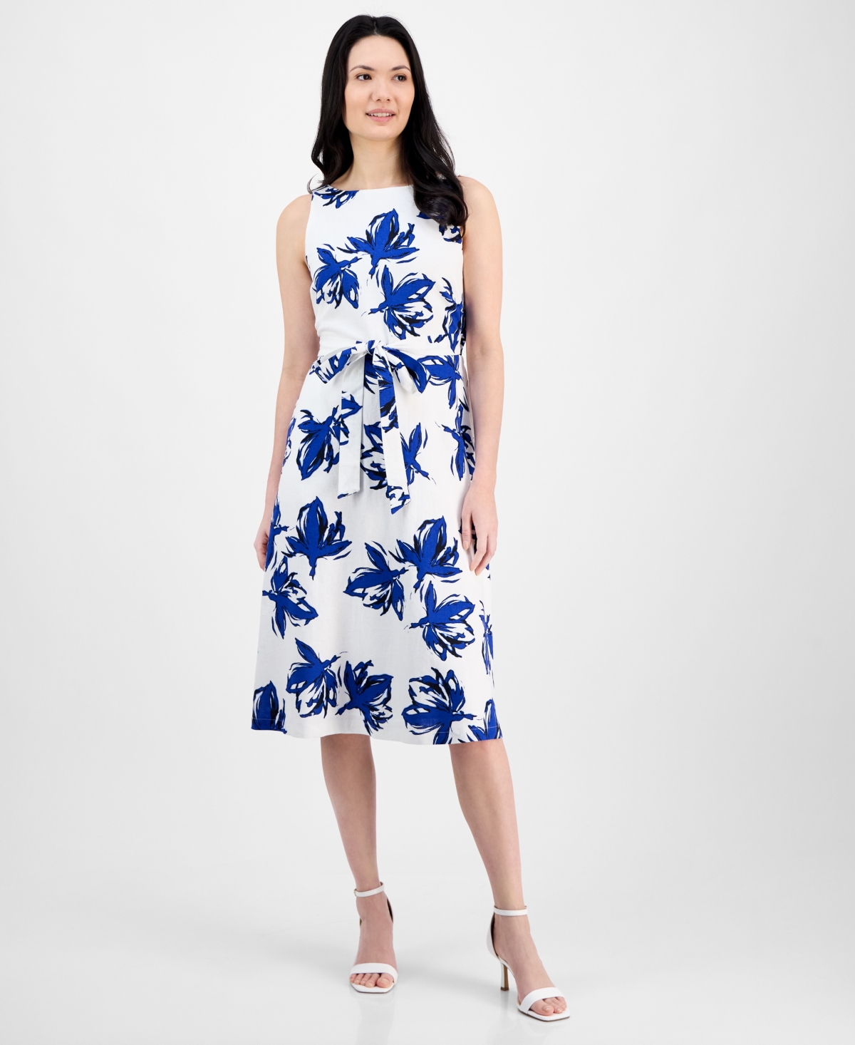 Anne Klein Plus Size Floral-print Linen-blend Fit & Flare Dress In Santorini Blue Multi