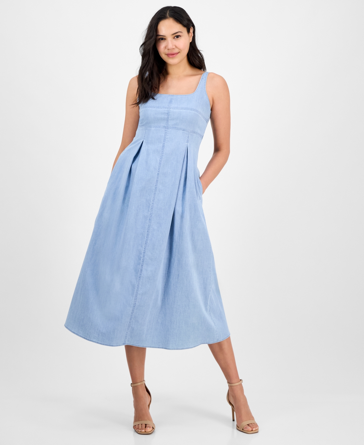 Shop Anne Klein Women's Front-pleated Square-neck Midi Dress In Pale Wash