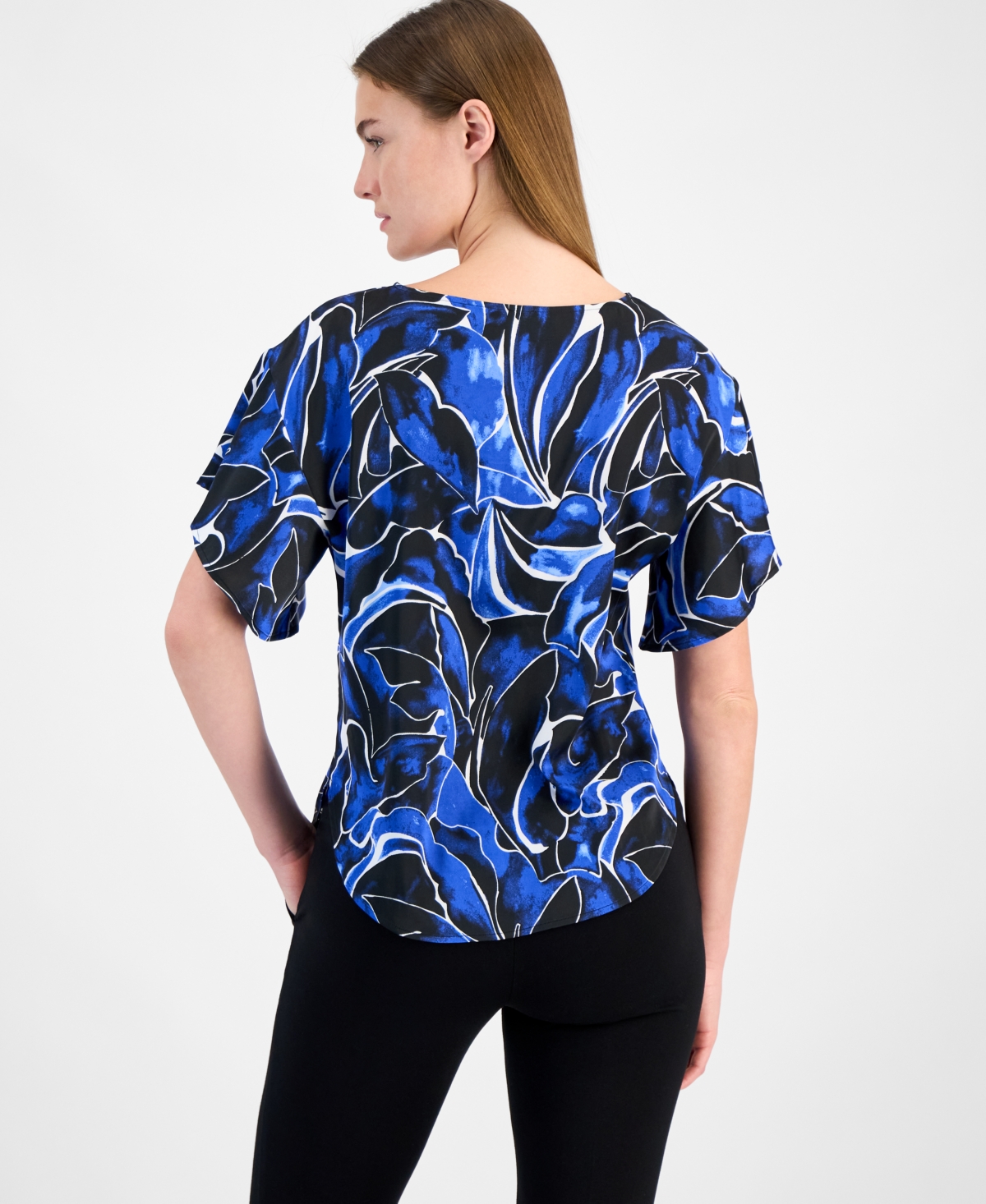Anne Klein Abstract Floral Flutter Sleeve Top In Santorini Blue Multi