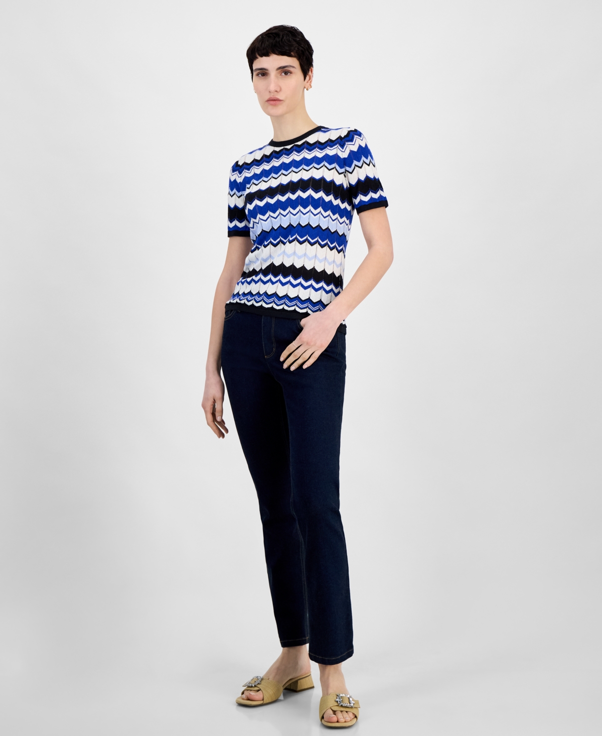 Anne Klein Women's Short-sleeve Chevron Knit Top In Santorini Blue Multi