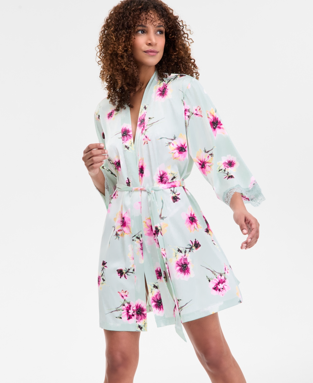 Women's Lace-Trim Stretch Satin Robe, Created for Macy's - Blush Tint