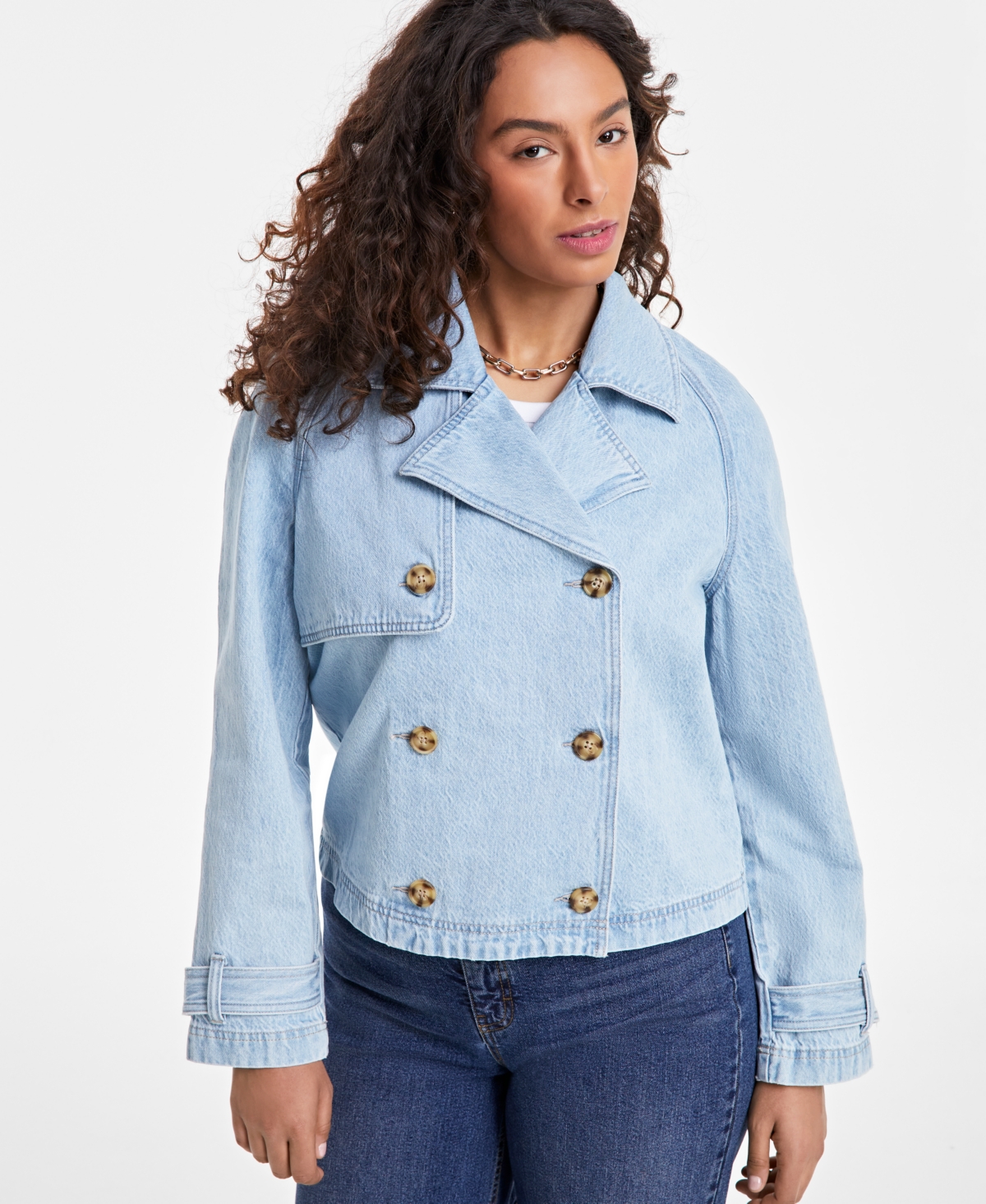 Women's Cropped Denim Trench Jacket, Exclusively at Macy's - Bright Light