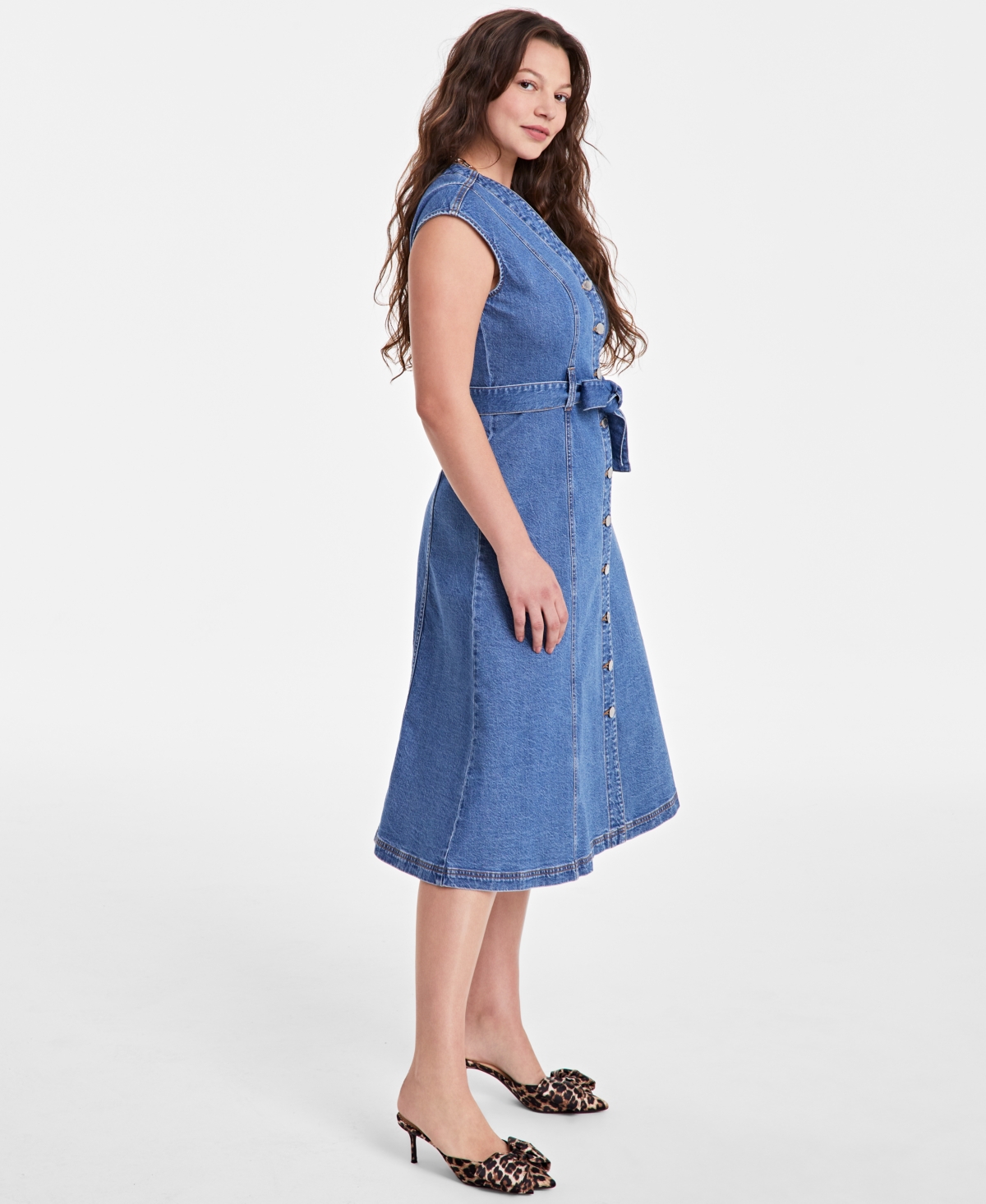 On 34th Women's Sleeveless Belted Denim Midi Dress, Exclusively At Macy's In Bright Medium