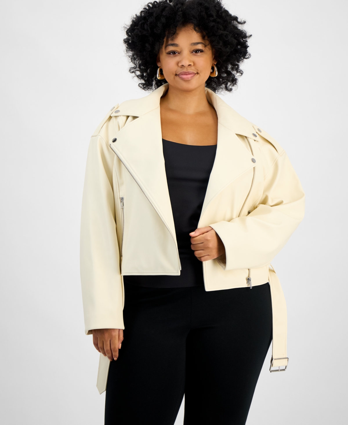 Trendy Plus Size Faux-Leather Moto Jacket, Exclusively at Macy's - Eggnog