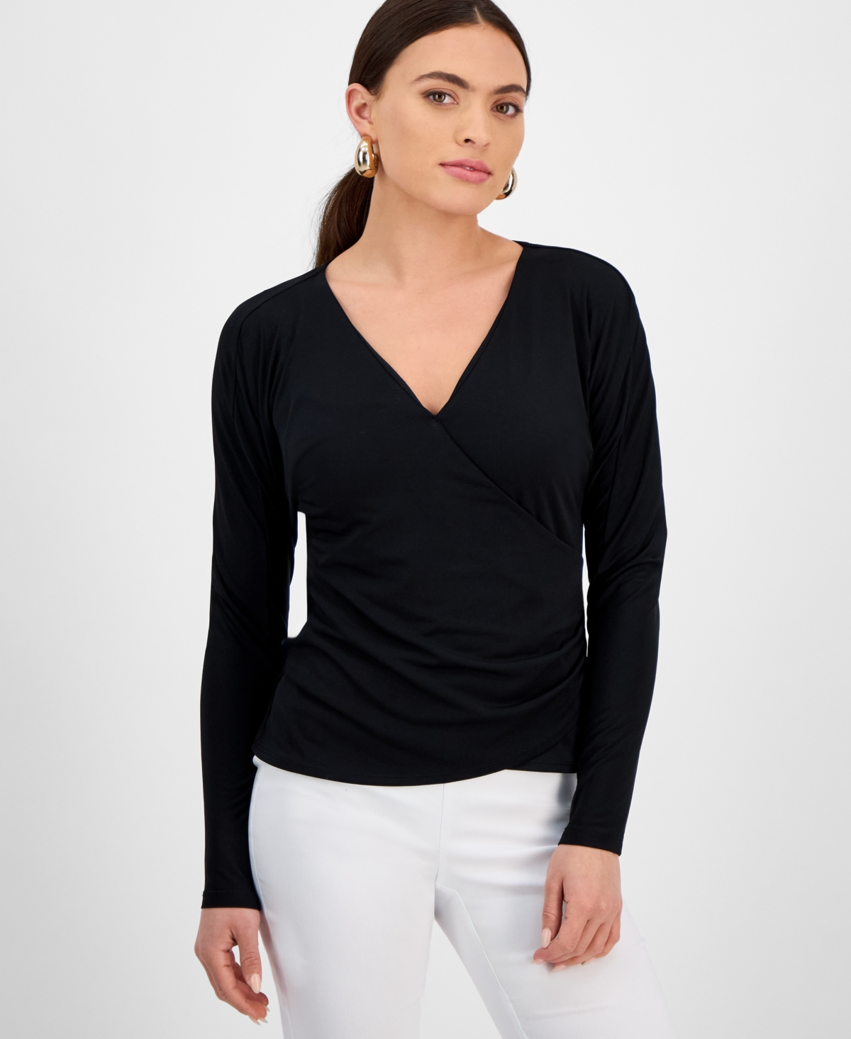 Petite Dolman-Sleeve Surplice-Neck Top, Exclusively at Macy's - Deep Black