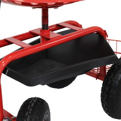 Garden Seat with Wheels - Rolling Garden Stool with Extendable Steer Handle, Swivel Seat and Utility Tool Tray - Red