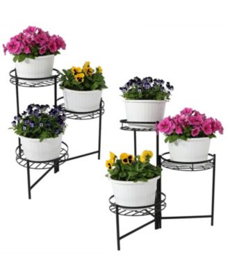 Iron Metal 3-Tiered Decorative Flower Plant Pot Holder Stand Display - Black - 2pk