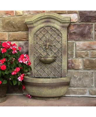 Rosette 31-Inch Polystone Outdoor Solar Wall Fountain - Florentine Stone Finish