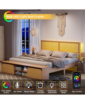 Queen Bed Frame with Natural Rattan Headboard, Platform Bed Frame Queen Size with Storage Headboard