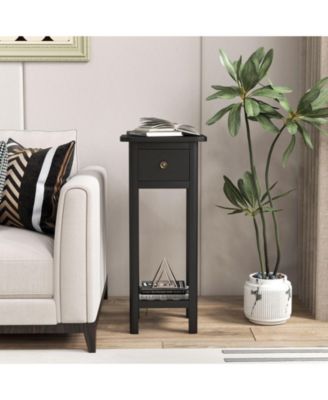 2 Tier Slim Nightstand Bedside Table with Drawer Shelf