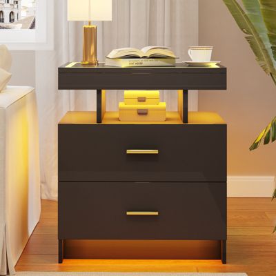 1 PC Wood Smart LED Nightstand with Charging, Auto Sensor & 2 Drawers -  Nightstand
