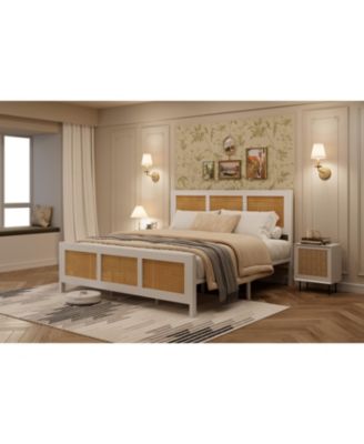 Full Size Rattan Bed Frame with Headboard, Boho Cane Platform Bed Frame