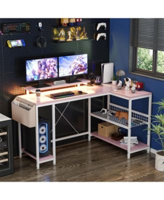 L Shaped Computer Desk with Power Outlets & LED Light, 49.6" Reversible Corner Computer Desk