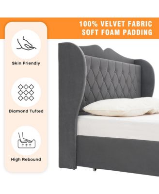 Queen Size Grey Velvet Bed Frame with 4 Convenient Storage Drawers, Wingback Headboard with Charging Station