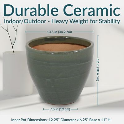 Large Ceramic Planter - Indoor or Outdoor Plant Pot with Drainage Holes - Seafoam Glaze Finish - 13" - Resort