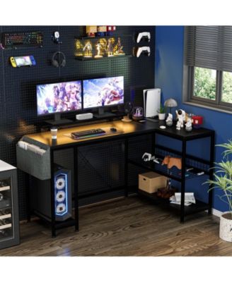 L Shaped Computer Desk with Power Outlets & LED Light, 49.6" Reversible Corner Computer Desk