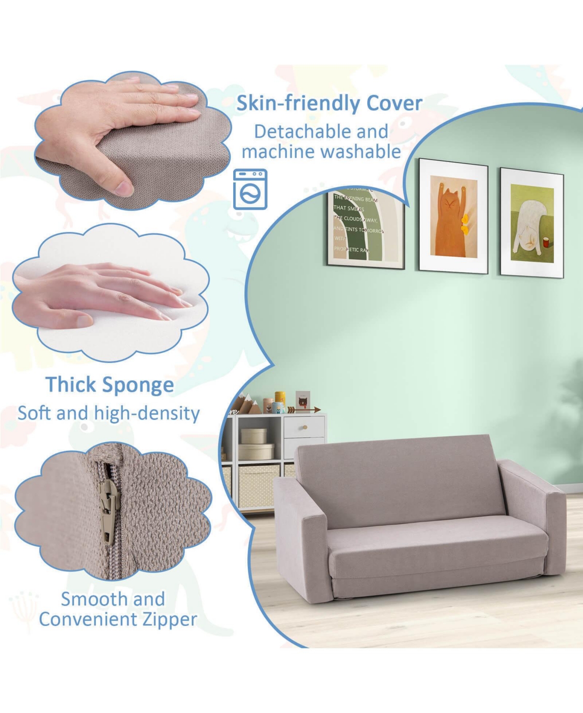 Gouun 2-in-1 Children's Convertible Sofa to Lounger-l