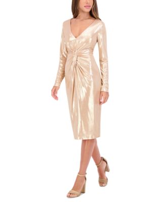 Women's Metallic Twist-Waist Long-Sleeve Sheath Dress