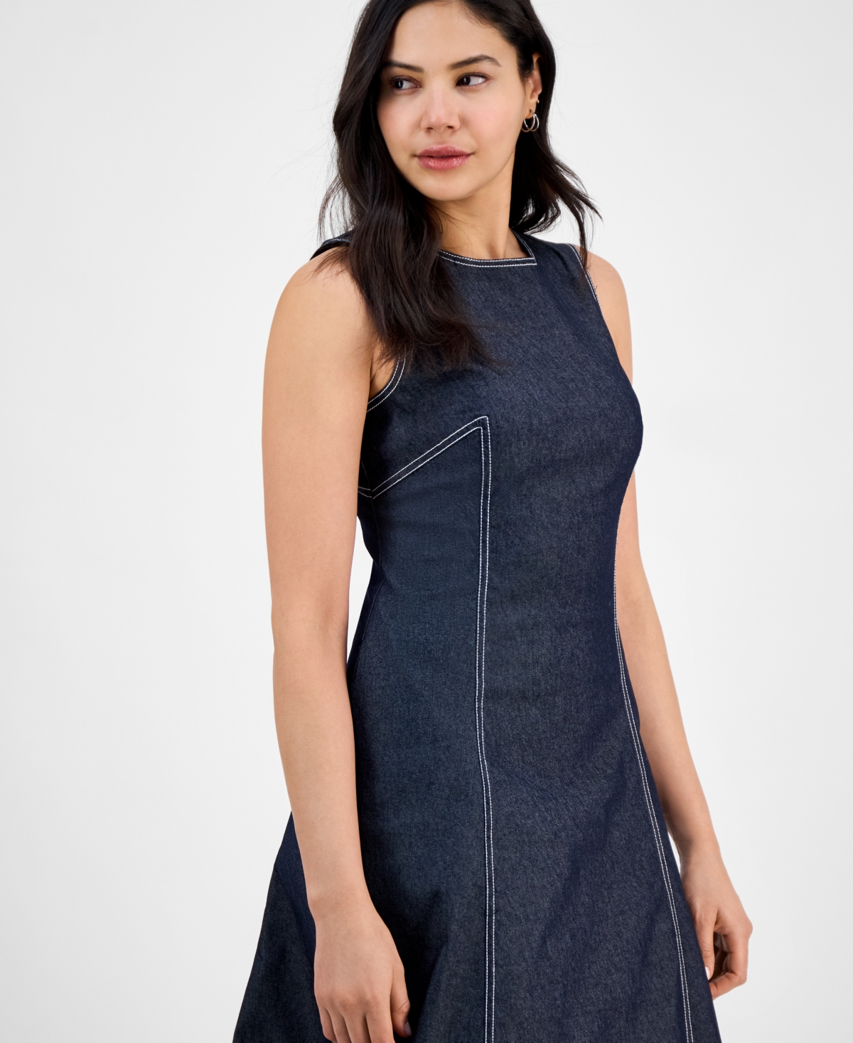 Shop Vince Camuto Women's Fit & Flare Cotton Denim Midi Dress In Navy