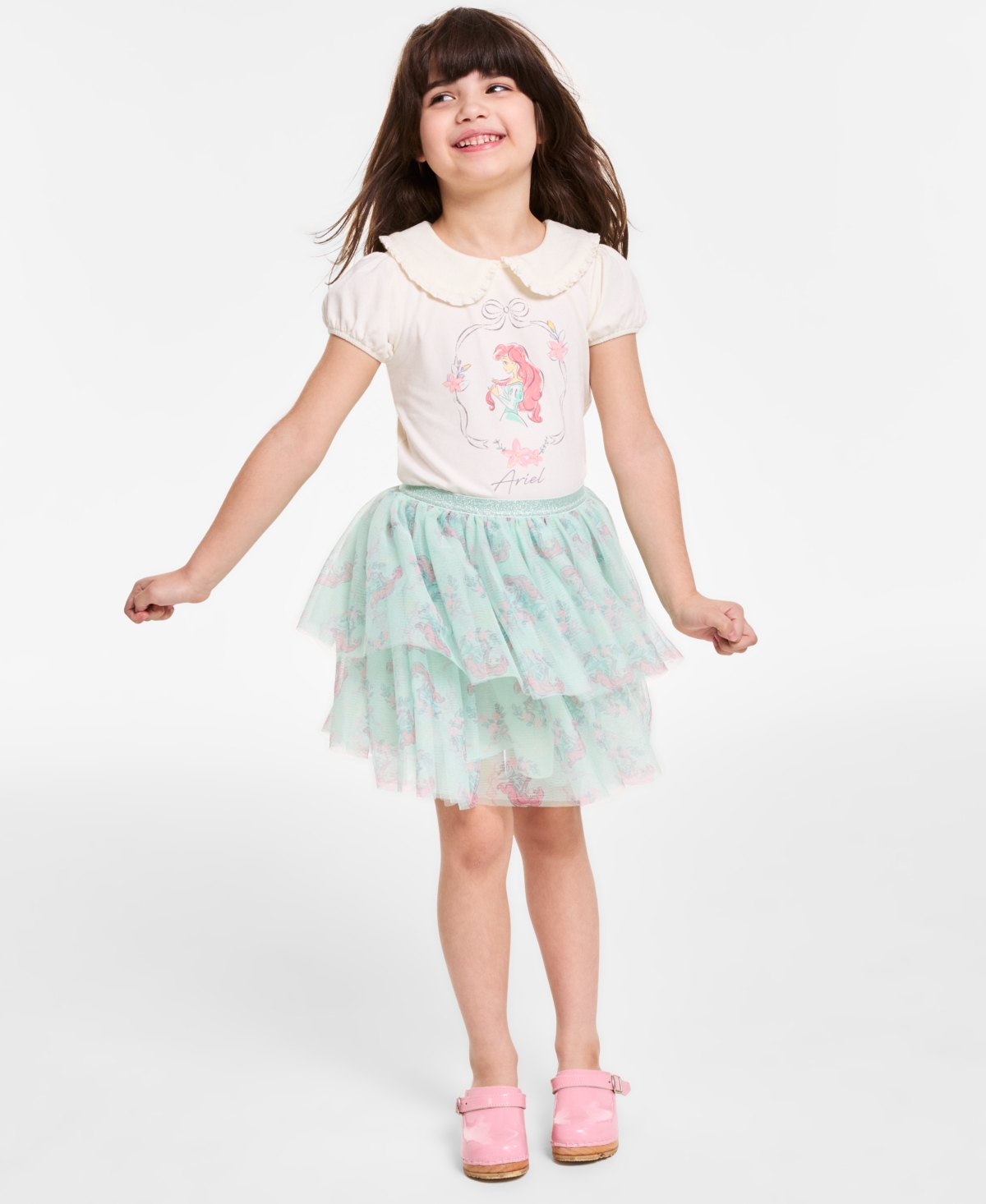 Disney Toddler & Little Girls 2-pc. Minnie Mouse Kindness Printed Flutter-sleeve T-shirt & Tulle Skirt Set In Ivory