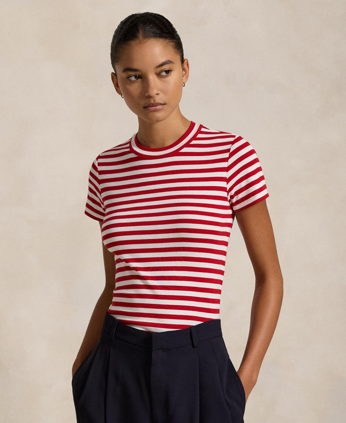 Polo Ralph Lauren Striped Ribbed Cotton Crewneck Tee In Red,white