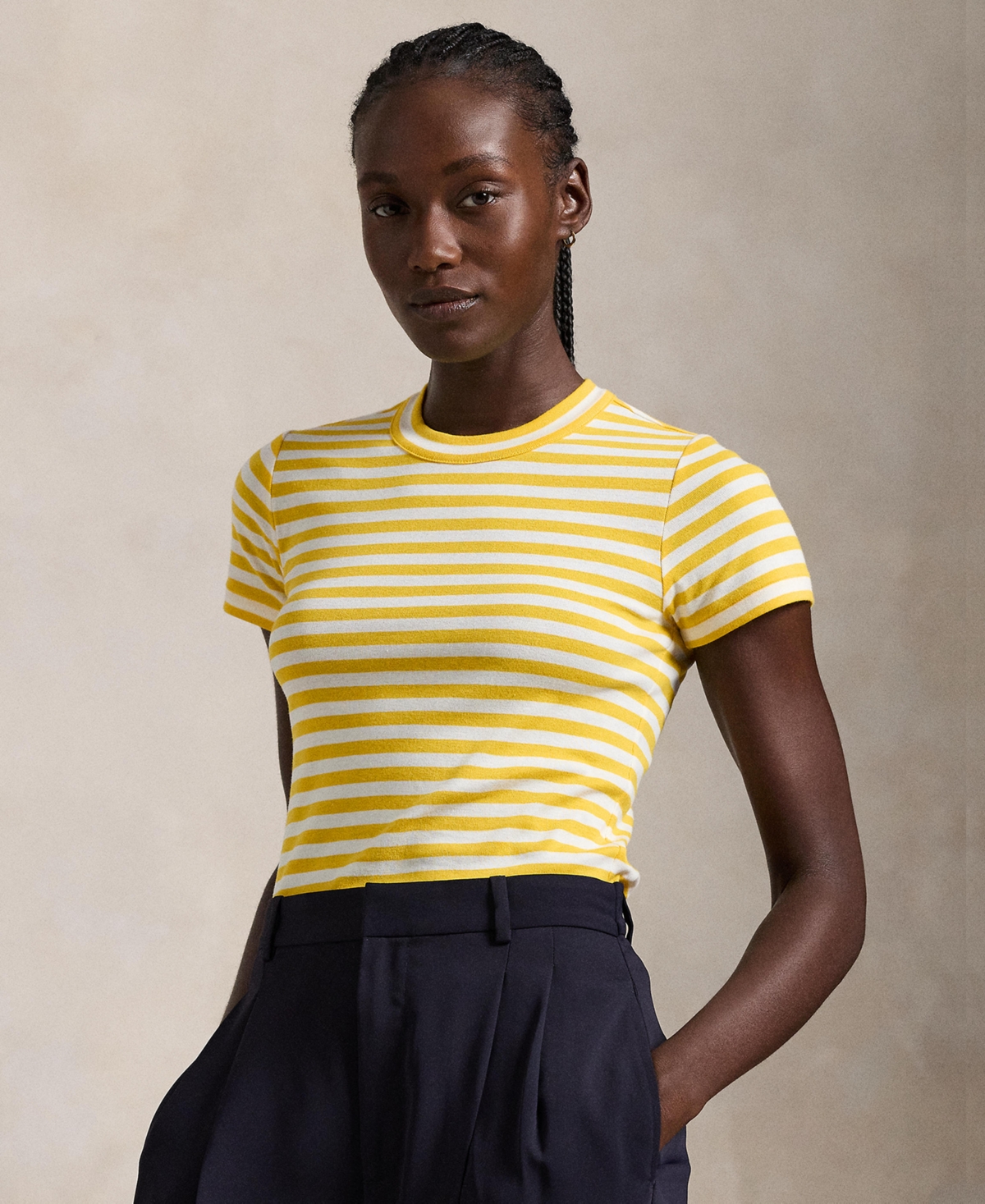 Polo Ralph Lauren Striped Ribbed Cotton Crewneck Tee In Racing Yellow,white