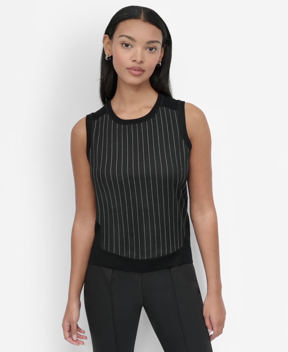 Women's Mixed-Media Pinstripe Sweater Vest - Black/ivory Stripe