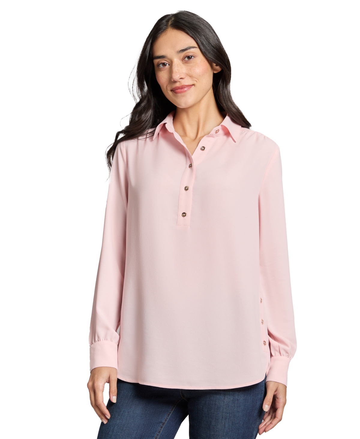 JONES NEW YORK PETITE BUTTON-SIDE COLLARED TOP 