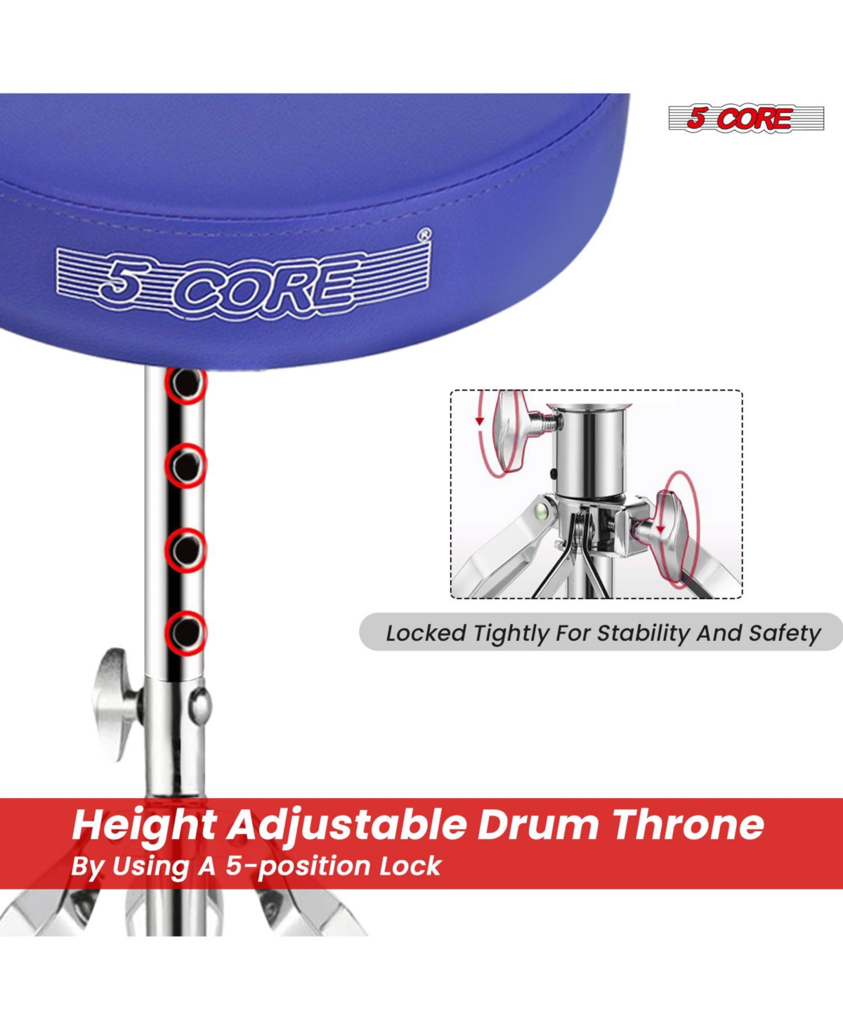 5 Core Drum Throne Adjustable Guitar Stool Padded Seat + Drum Practice Pad Snare Drumming Stand