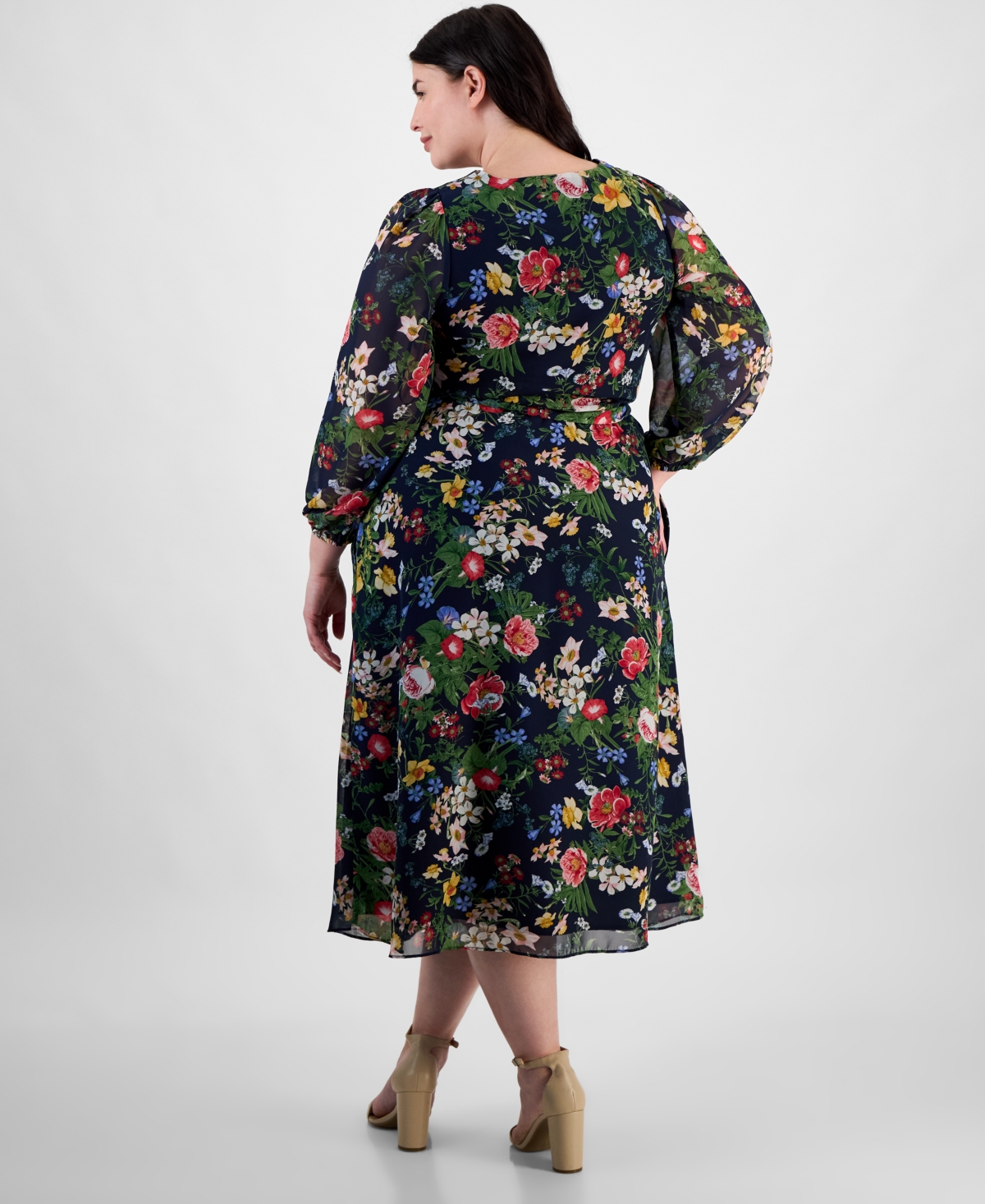 Anne Klein Floral Print Long Sleeve Chiffon Midi Dress In Distant Mountain Multi